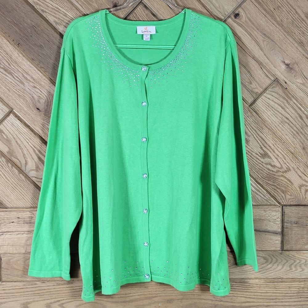 Quacker Factory Cardigan Women 3X Rhinestone Embellished Button Front Green